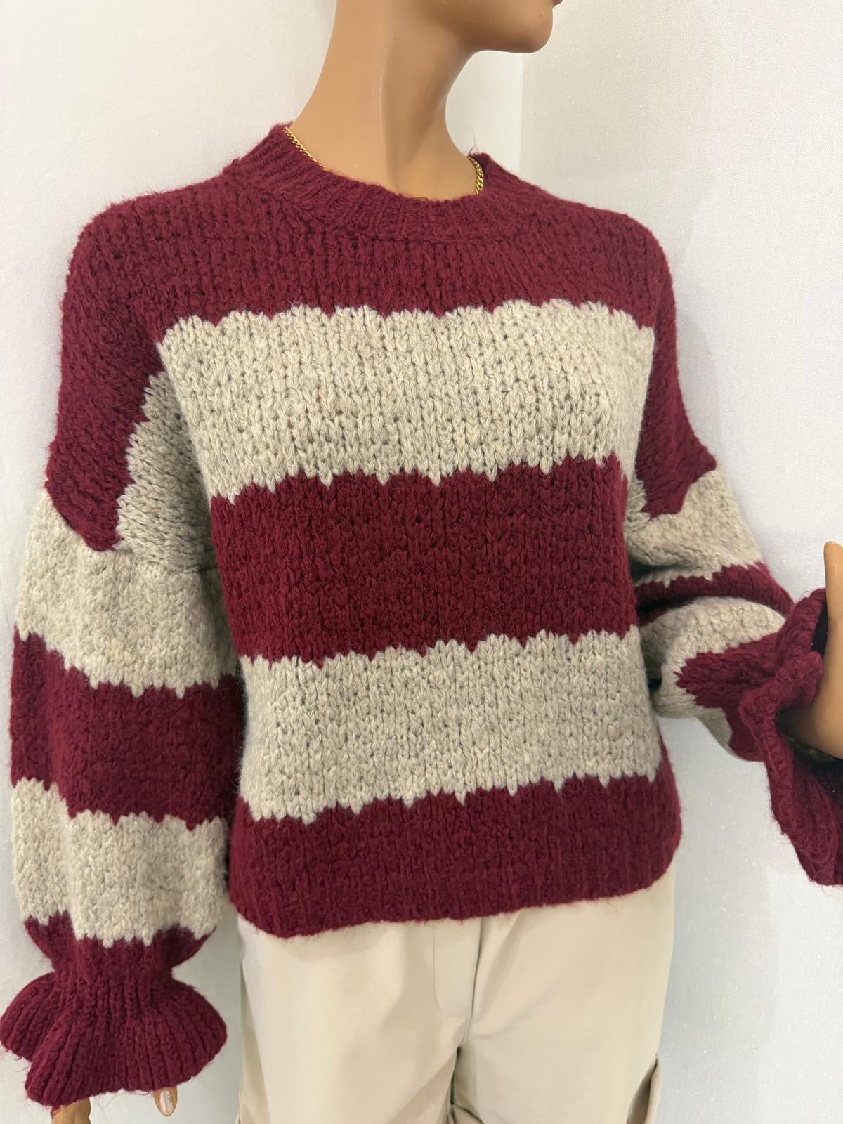 Gestreifter Strickpullover in Weinrot & Beige - Weicher Oversized-Look
