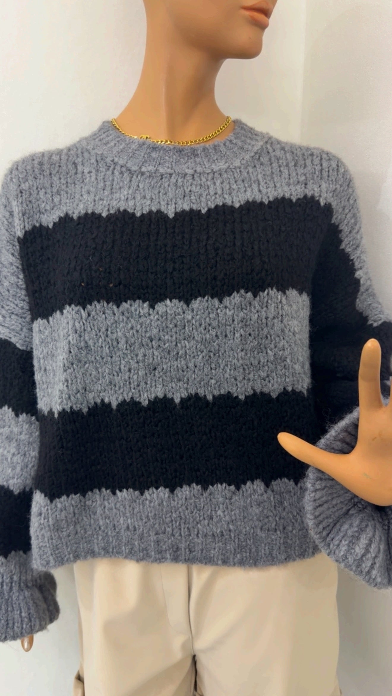 Grobstrick-Pullover „Grey Stripe