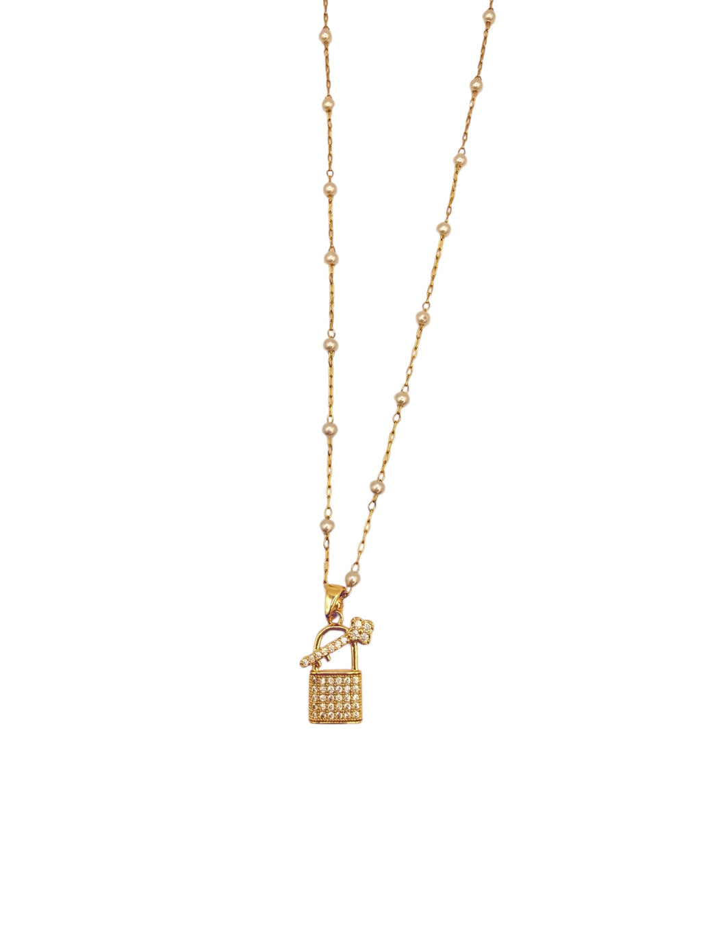 Goldfarbene Kette mit Schloss-Anhänger und Perlendetails