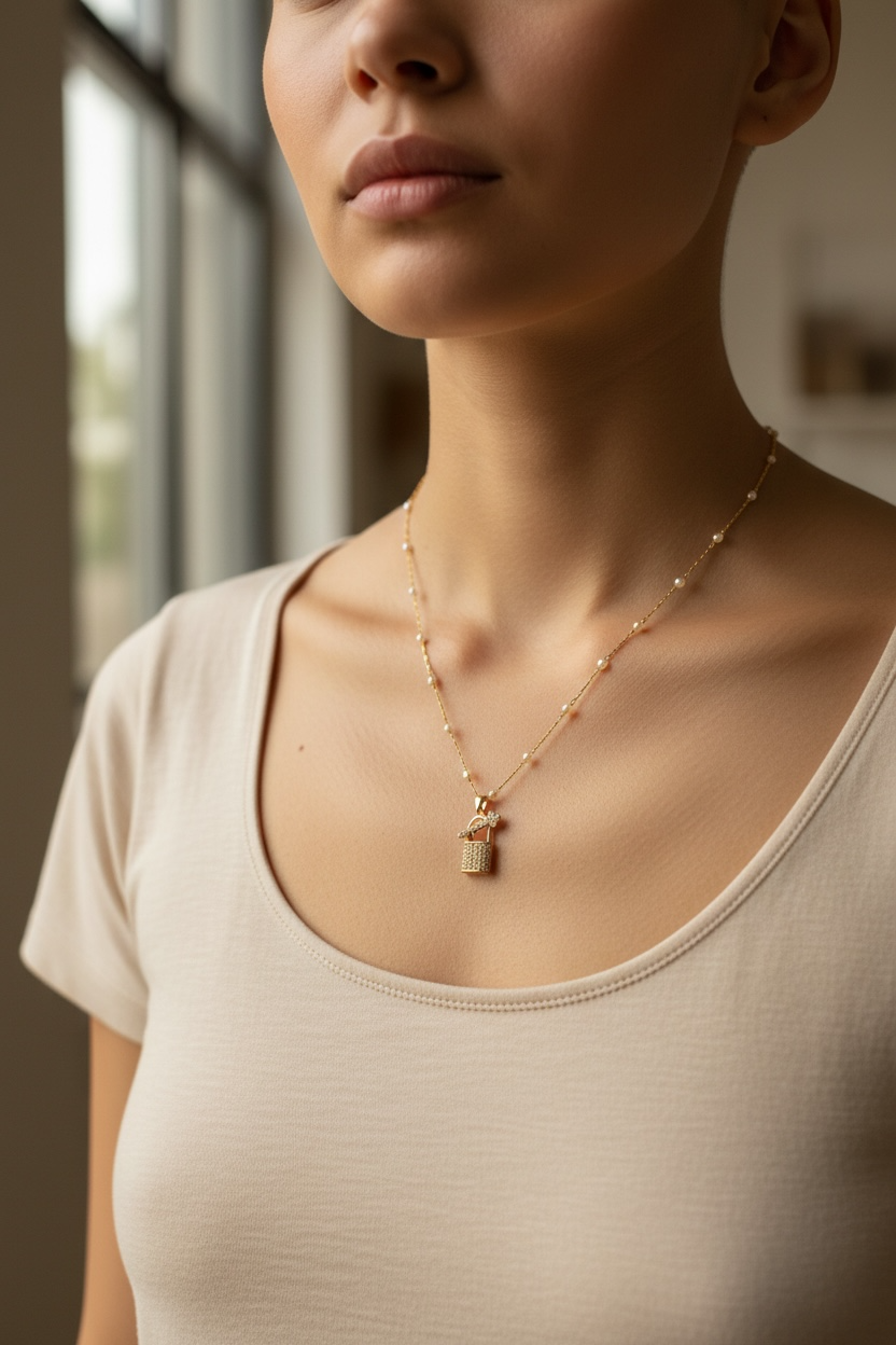 Goldfarbene Kette mit Schloss-Anhänger und Perlendetails