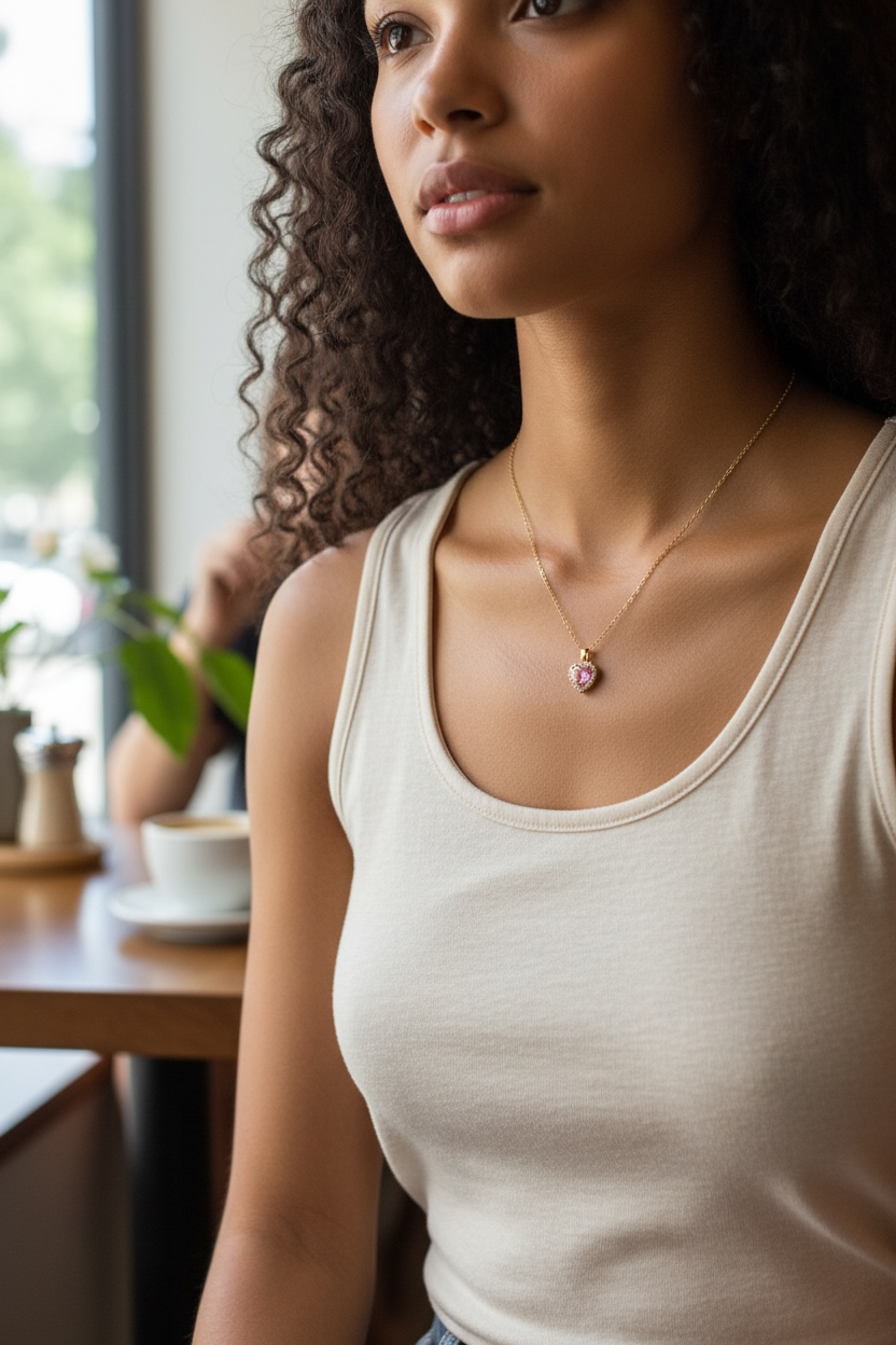 Goldfarbene Halskette mit Herzanhänger & rosafarbenem Kristall